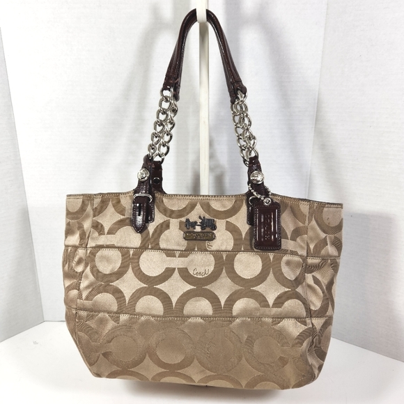 Coach tribeca 14133 shoulder purse tote preowned tan brown pantent - Picture 1 of 16